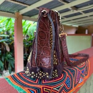 Vintage Boho Brown‎ Studded Leather Drawstring Bucket Bag Bohemian Boho Festival
